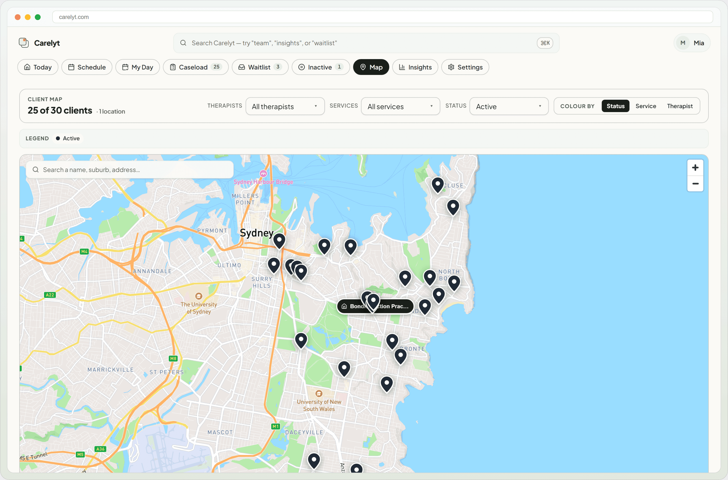 Carelyt map view with client pins across the eastern suburbs of Sydney