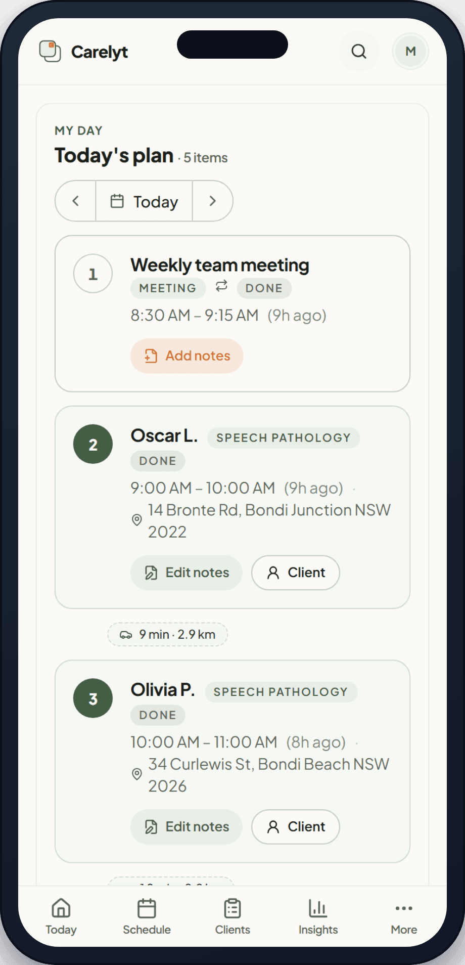 Carelyt mobile My Day — today's plan with sessions and route hints