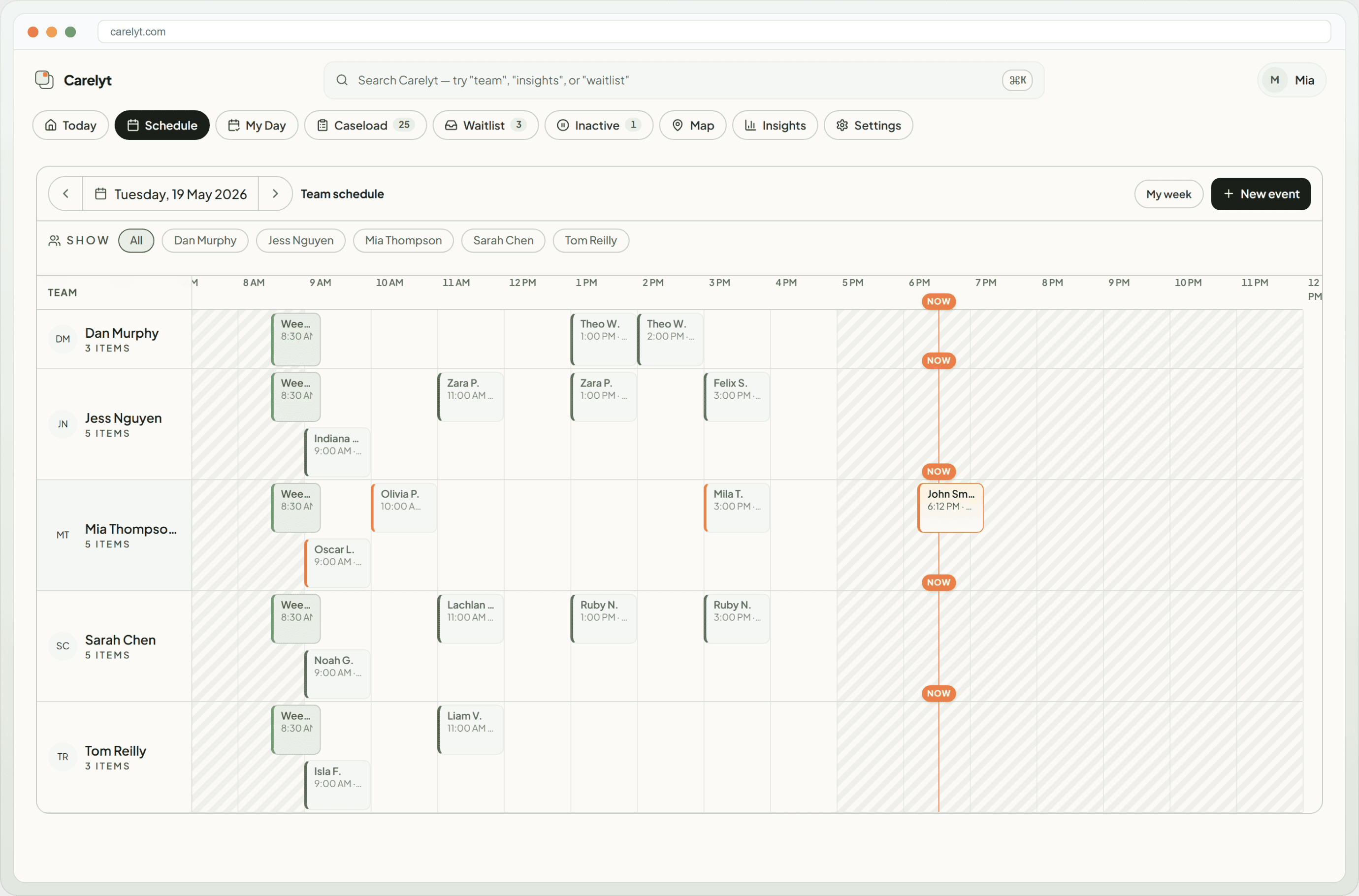 Carelyt team schedule — every therapist's day side-by-side with a live now-line
